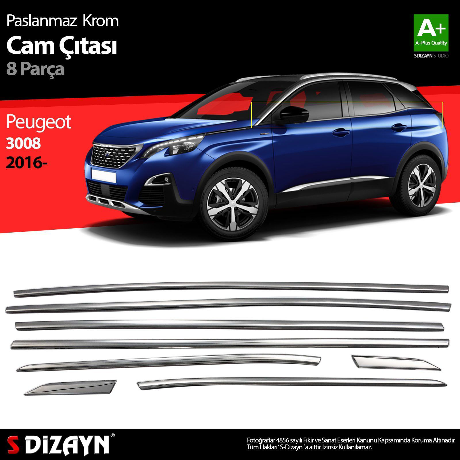 Peugeot 3008 Uyumlu Krom Cam Çıtası 8 Parça. 2016 Üzeri Peugeot 3008 Uyumlu Krom Cam Çıtası 8 Parça. 2016 Üzeri