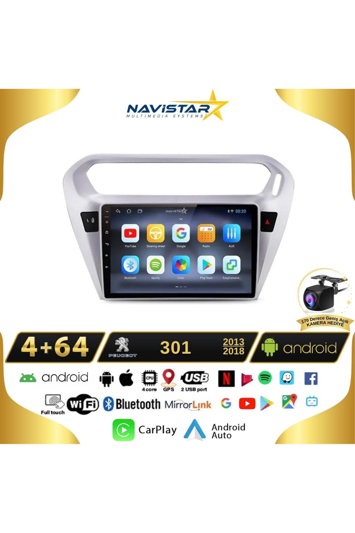 Peugeot 301 4gb 64gb Kablosuz Carplay 2013-2018 Android 13 Naviga
