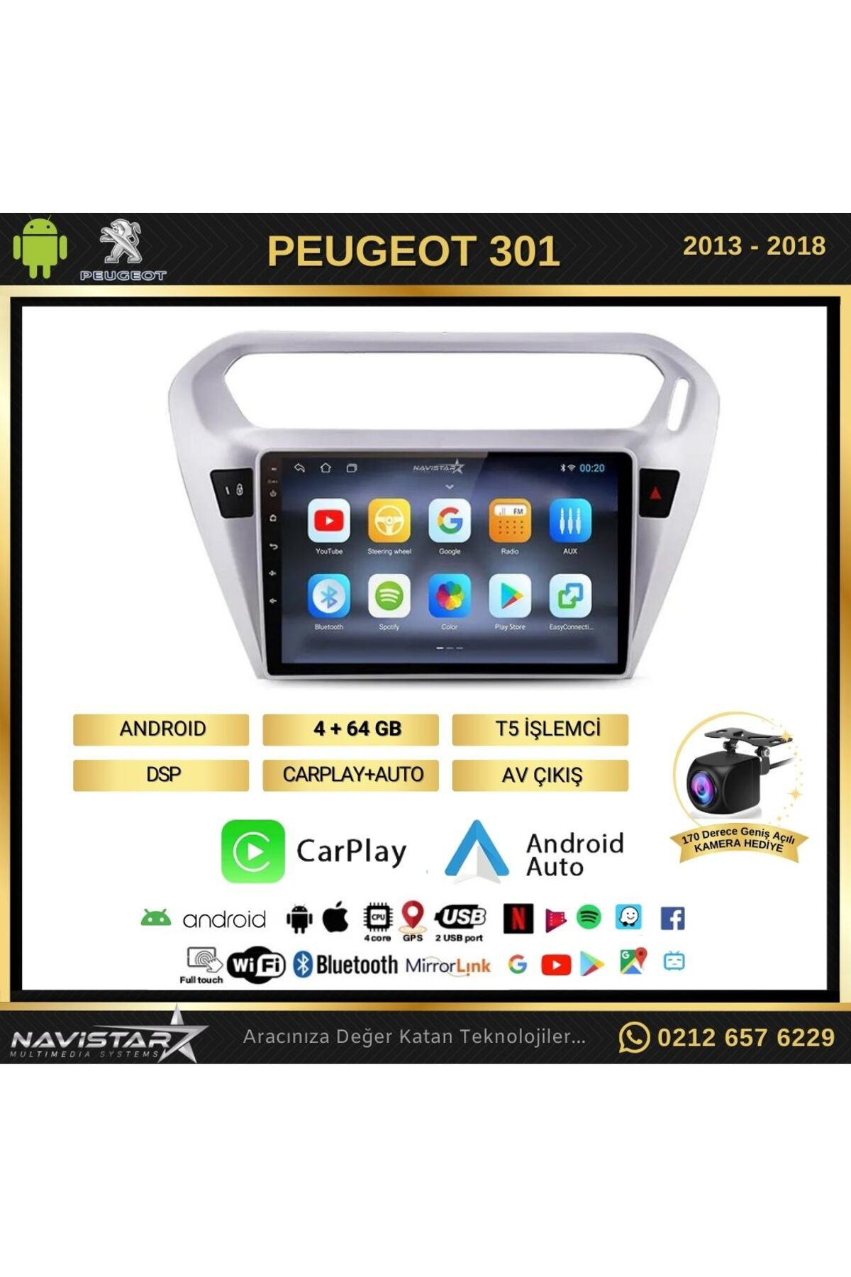 Peugeot 301 4gb 64gb Kablosuz Carplay 2013-2018 Android 13 Naviga
