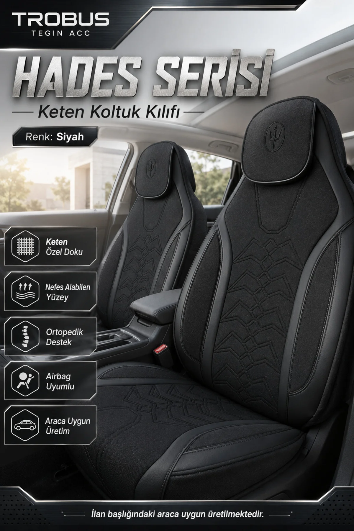 Peugeot 301 Acces Bütün 2012-2017 Uyumlu Hades Serisi Keten Oto Koltuk Kılıfı Siyah - Görsel 2