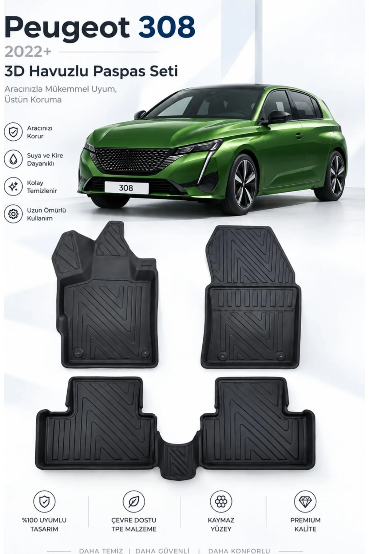 Peugeot 308 2022 Sonrası Karbon Desenli Premium 3D Havuzlu Oto Paspas