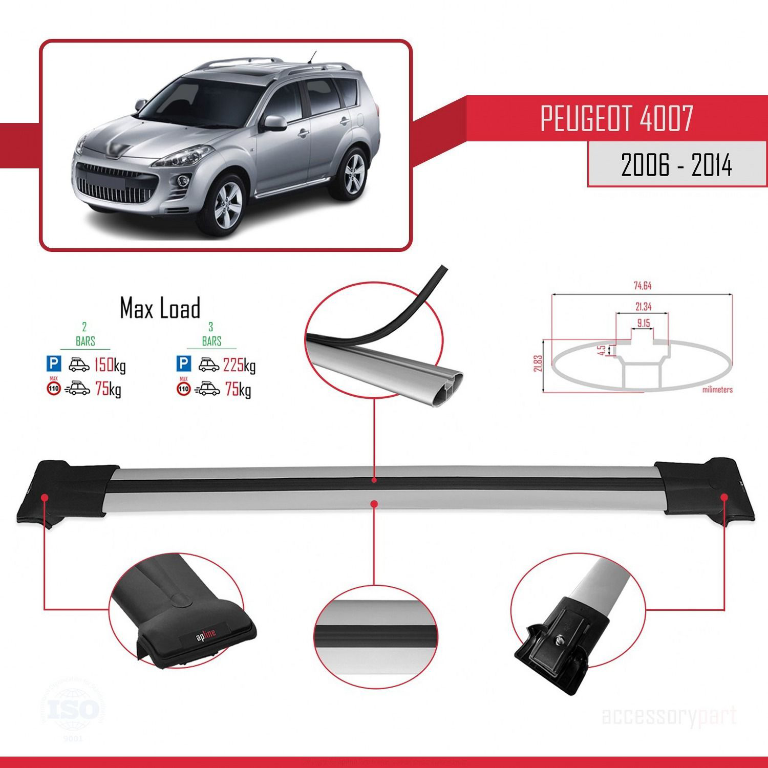 Peugeot 4007 2006-2014 Arası ile Uyumlu FLY Model Ara Atkı Tavan 