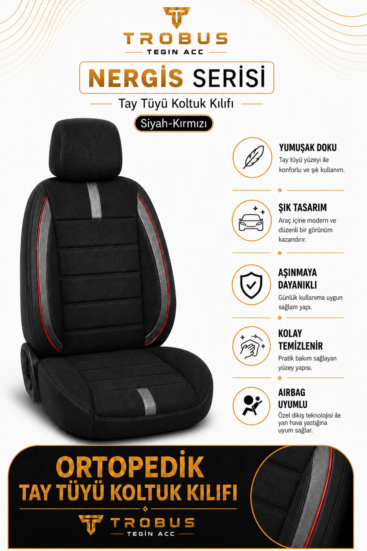Peugeot 407 2004-2011 Uyumlu Nergis Siyah Kırmızı Ortopedik Tay Tüyü Koltuk Kılıfı