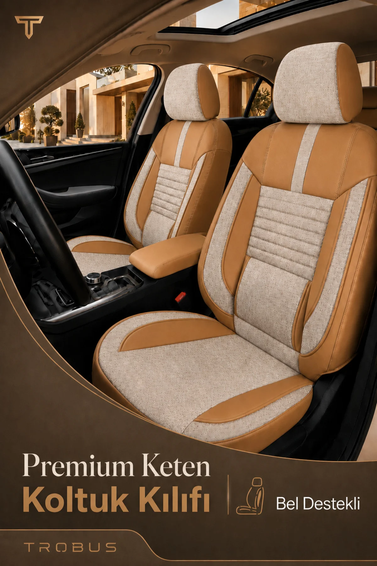 Peugeot 408 2022+ Uyumlu Apex Linen Bel Destekli Keten Bej Taba Koltuk Kılıfı