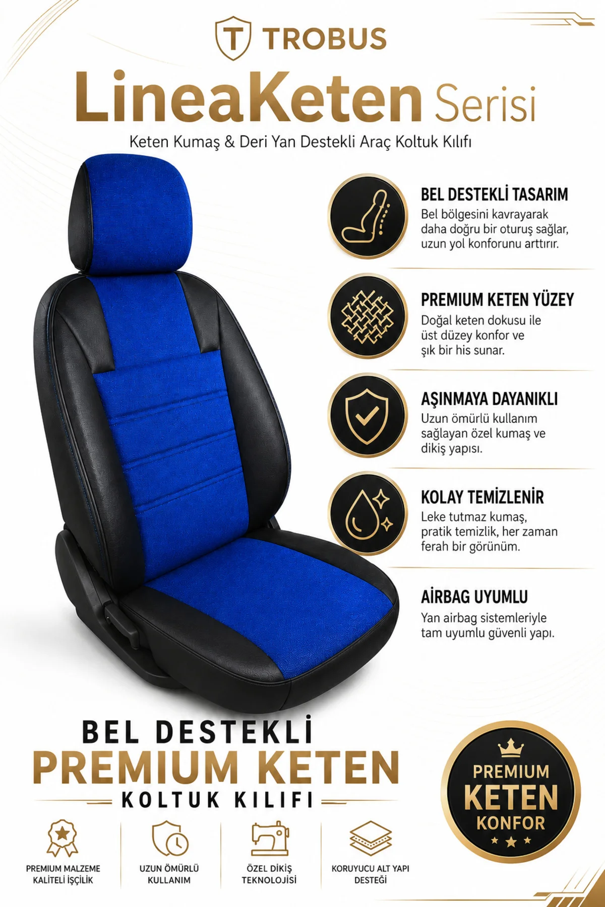 Peugeot Bibper 2008-2019 Uyumlu LineaKeten Serisi Ortopedik Mavi Siyah Koltuk Kılıfı