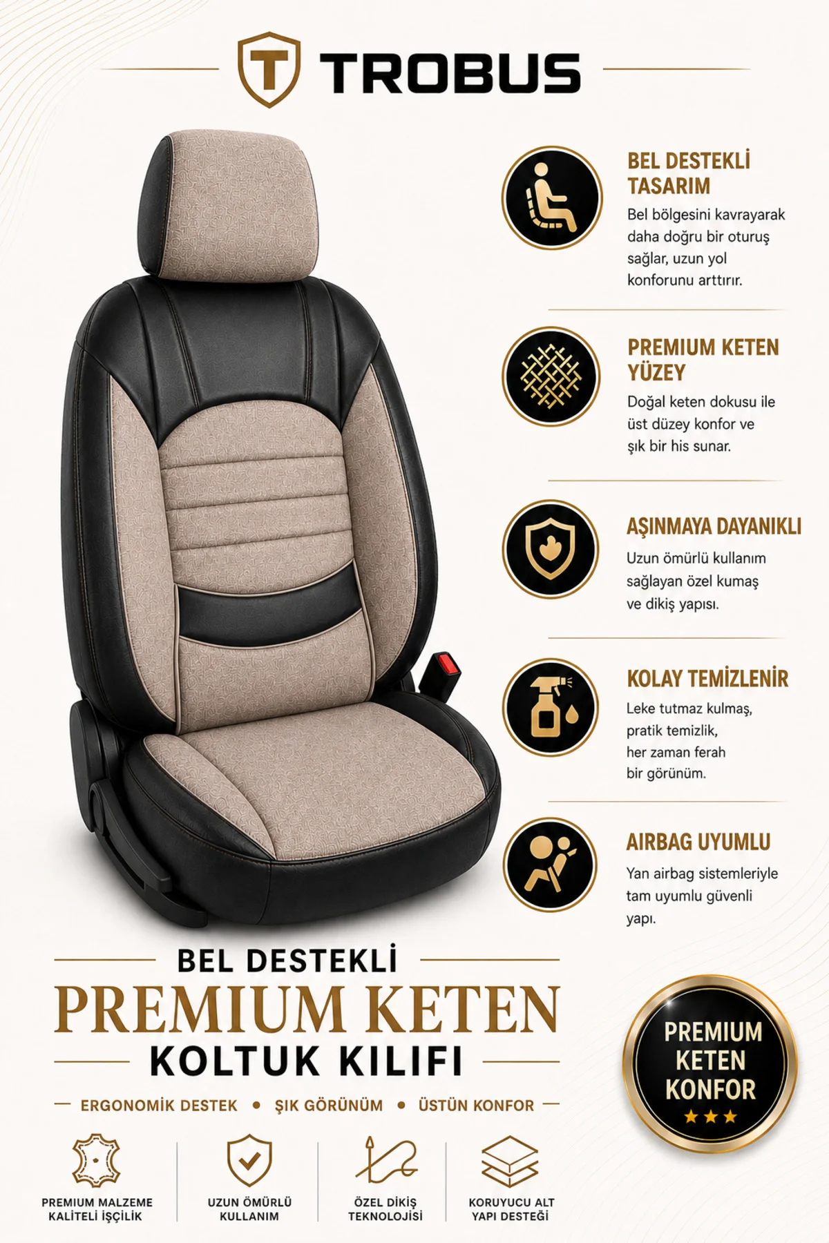 Peugeot Bibper 2008-2019 Uyumlu Levante Serisi Bel Destekli Keten Bej Siyah Koltuk Kılıfı