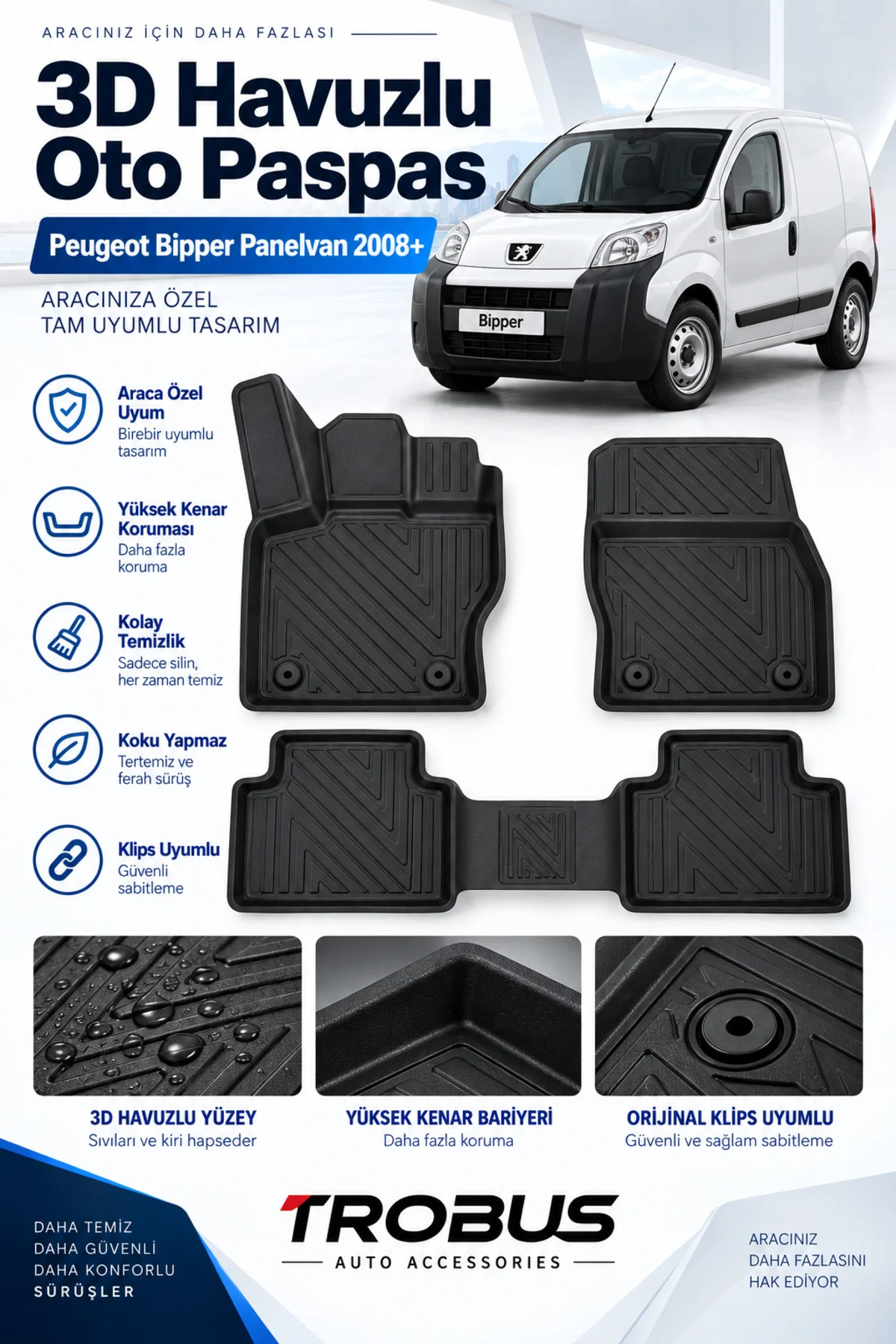 Peugeot Bipper Panelvan 2008-2017 Karbon Desenli Premium 3D Havuzlu Oto Paspas 2 Parça Ön Takım