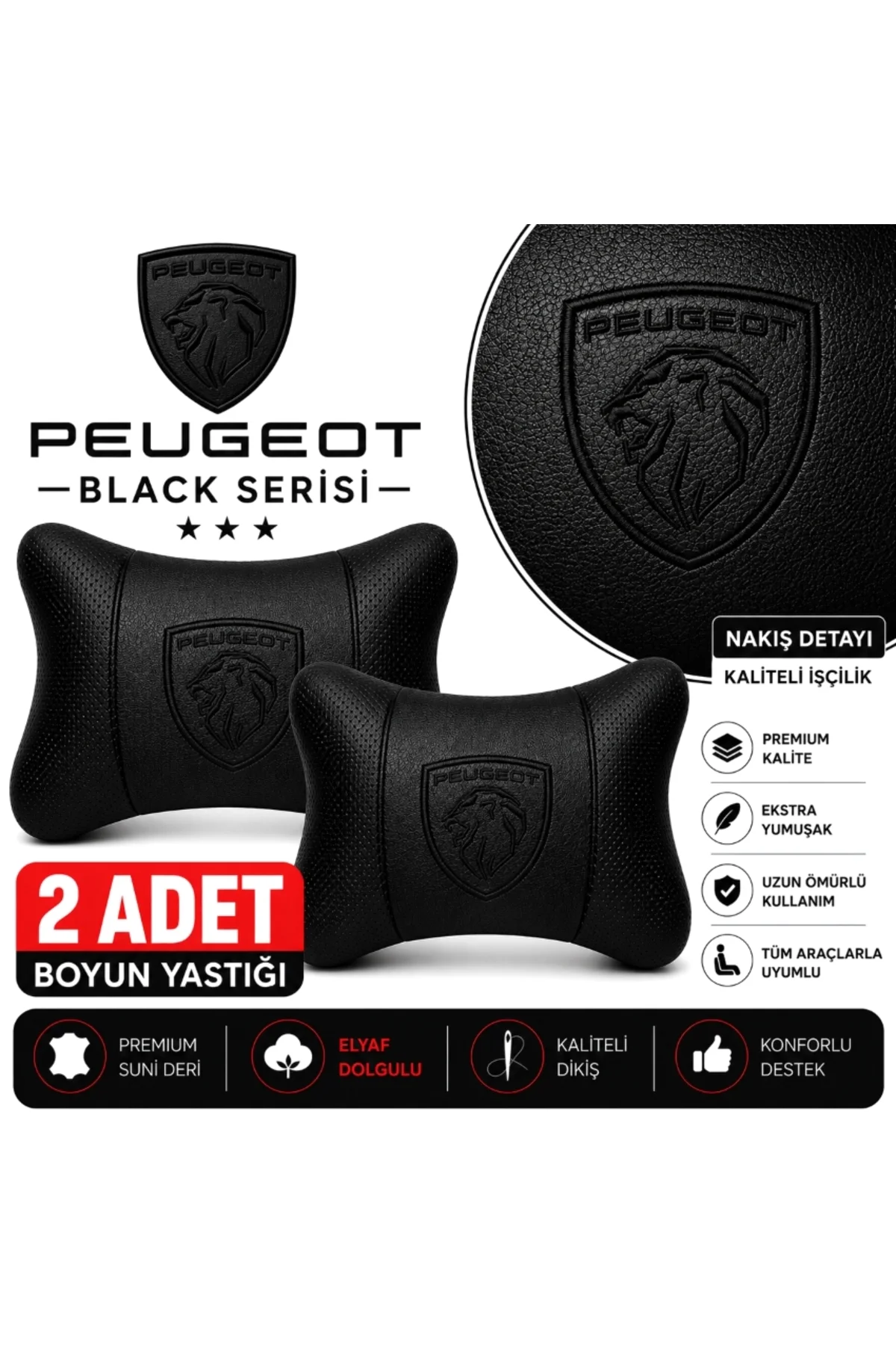 Peugeot Black Serisi 2 Adet Araç Boyun Yastığı Siyah Premium Suni Deri Elyaf Dolgulu Oto Boyun Desteği Peugeot Black Serisi 2 Adet Araç Boyun Yastığı Siyah Premium Suni Deri Elyaf Dolgulu Oto Boyun Desteği