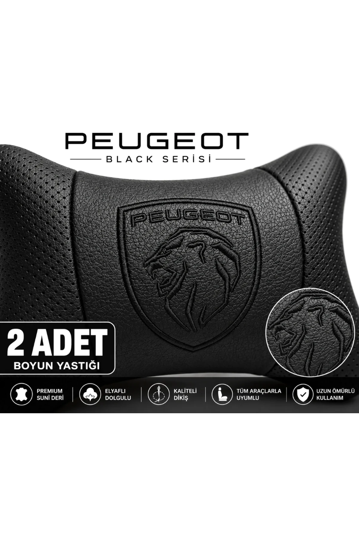 Peugeot Black Serisi 2 Adet Araç Boyun Yastığı Siyah Premium Suni Deri Elyaf Dolgulu Oto Boyun Desteği Peugeot Black Serisi 2 Adet Araç Boyun Yastığı Siyah Premium Suni Deri Elyaf Dolgulu Oto Boyun Desteği - Görsel 2