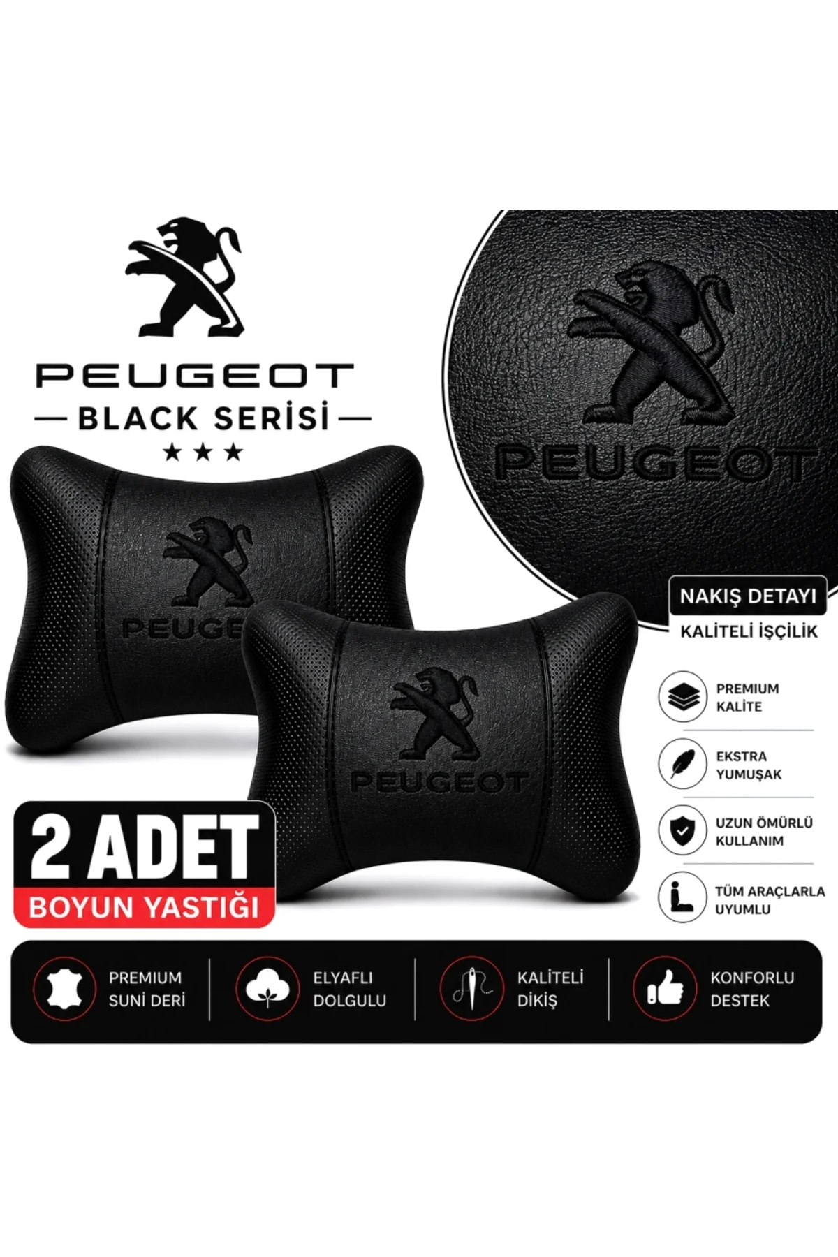 Peugeot Eski Logo Black Serisi 2 Adet Araç Boyun Yastığı Siyah Premium Suni Deri Elyaf Dolgulu Oto Boyun Desteği Peugeot Eski Logo Black Serisi 2 Adet Araç Boyun Yastığı Siyah Premium Suni Deri Elyaf Dolgulu Oto Boyun Desteği