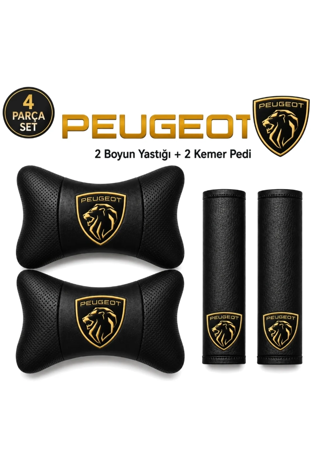 Peugeot Gold Logolu 2 Adet Boyun Yastığı + 2 Adet Kemer Pedi Siyah Suni Deri 4 Parça Oto Konfor Seti Peugeot Gold Logolu 2 Adet Boyun Yastığı + 2 Adet Kemer Pedi Siyah Suni Deri 4 Parça Oto Konfor Seti