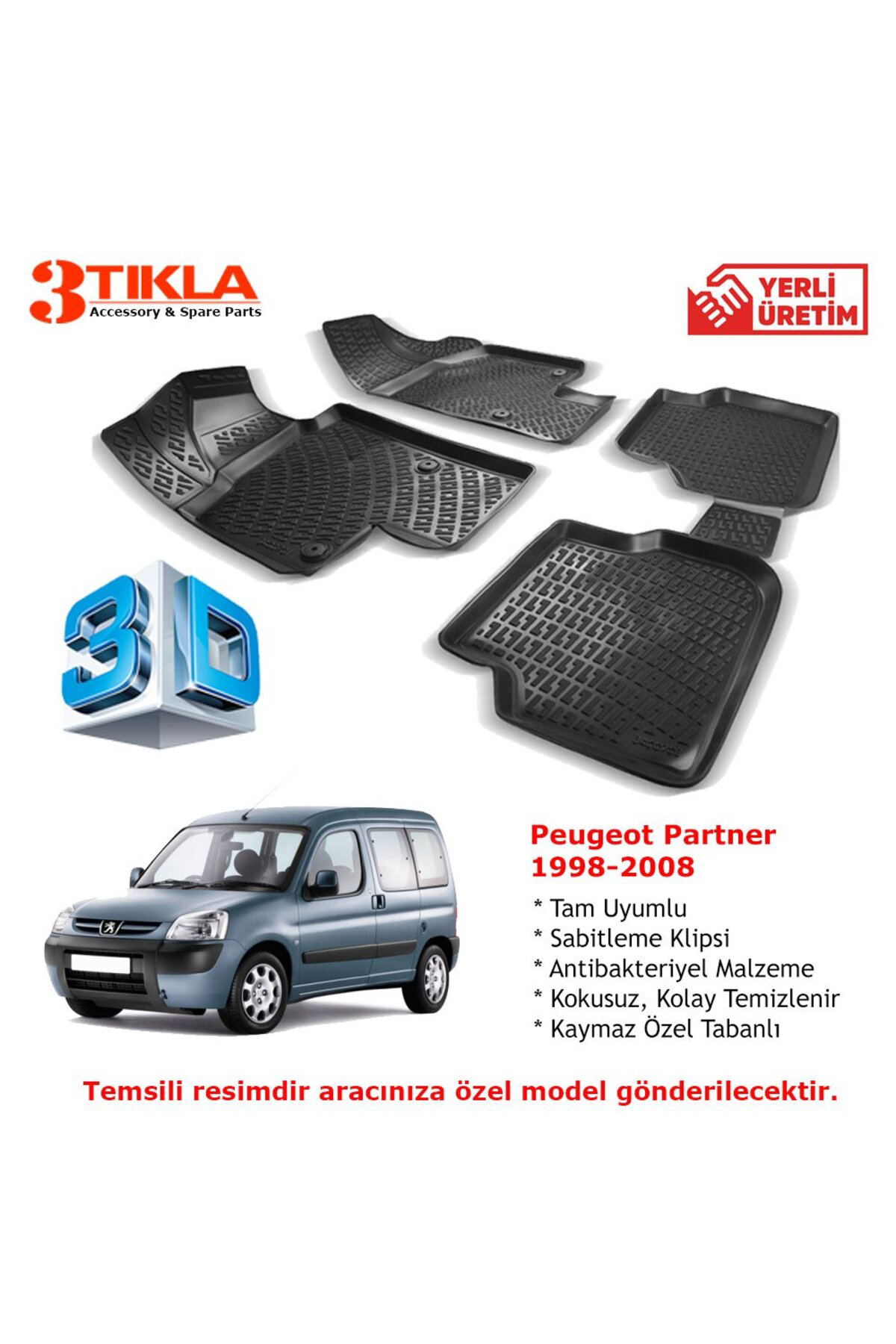 Peugeot Partner 1998-2008 Premium 3D Havuzlu Paspas Seti