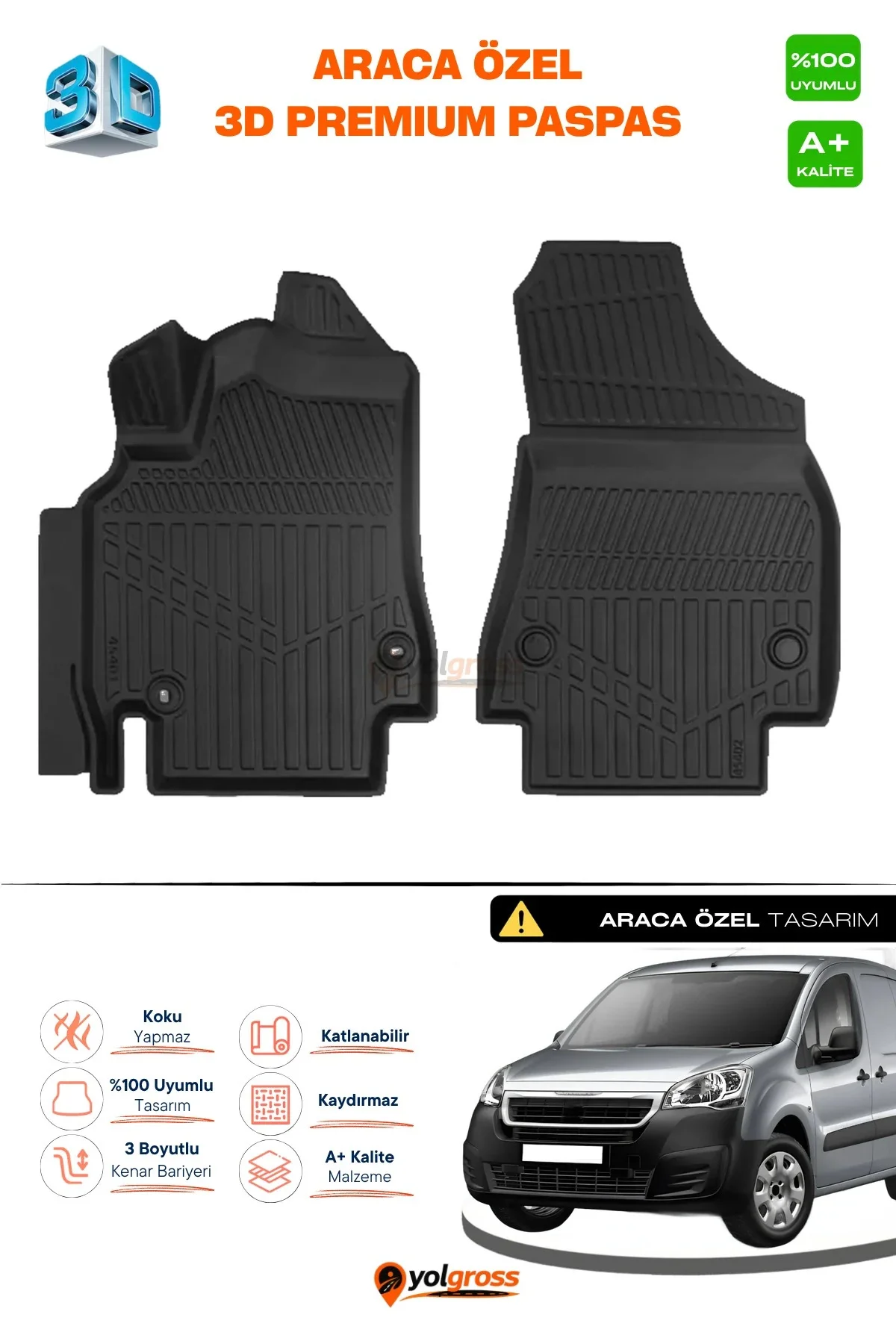 Peugeot Partner Panelvan Ön 2'li 3D Pro Havuzlu Paspas 2008-2018 A+ Kalite