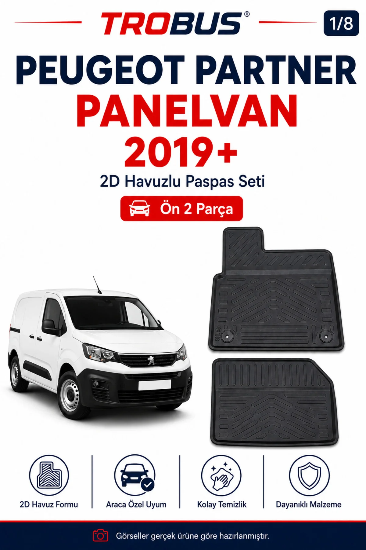 Peugeot Partner Panelvan 2019+ Manuel Vites Araca Özel 2 Parça 2D Havuzlu Paspas
