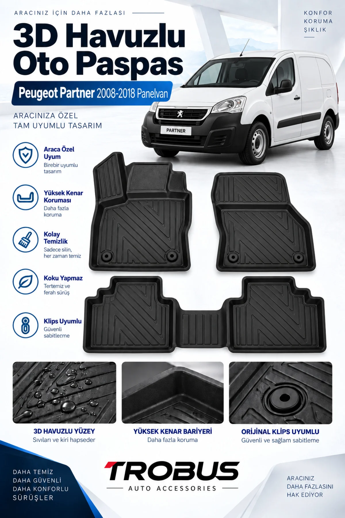 Peugeot Partner Panelvan 2008-2018 Karbon Desenli Premium 3D Havuzlu Oto Paspas 2 Parça Ön Takım