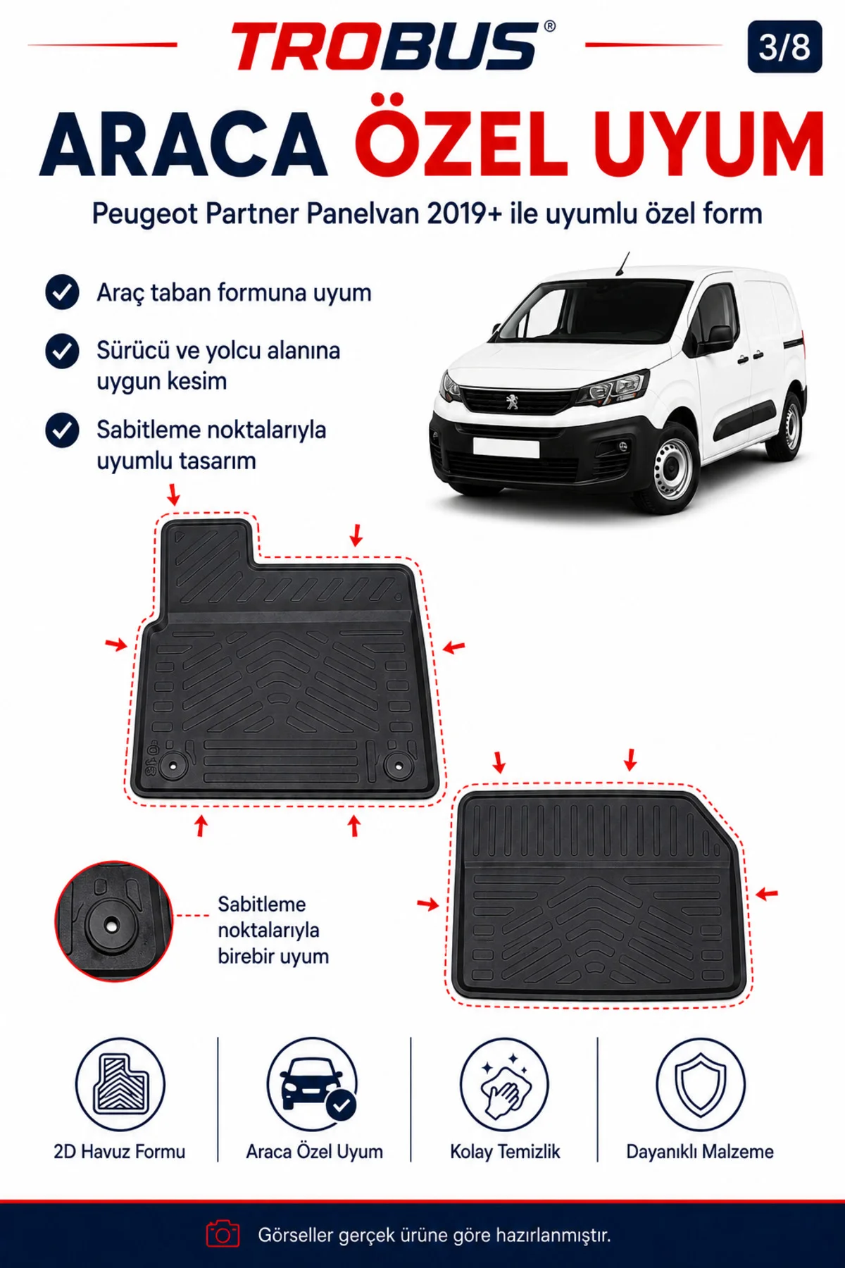 Peugeot Partner Panelvan 2019+ Manuel Vites Araca Özel 2 Parça 2D Havuzlu Paspas