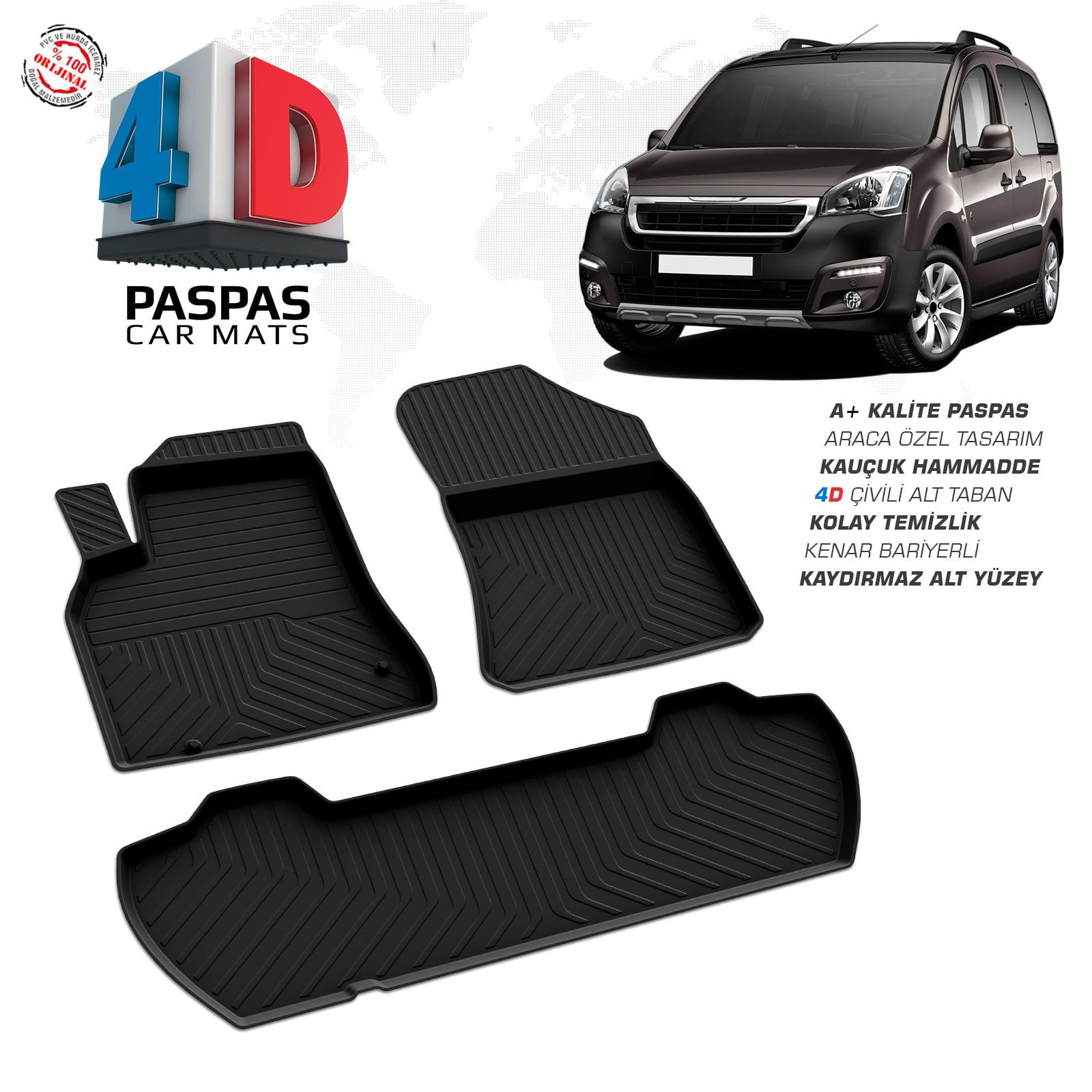 Peugeot Partner Tepee 4D Araca Özel Havuzlu Kauçuk Paspas 2008-20