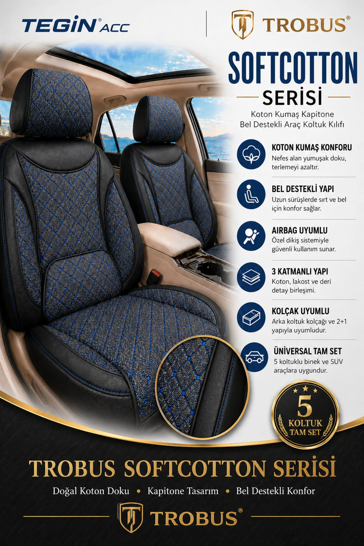 Peugeot Rifter 2019 ve Sonrası Araca Uyumlu Koton Kumaş Kapitone Bel Destekli Koltuk Kılıfı SoftCotton Serisi Mavi Peugeot Rifter 2019 ve Sonrası Araca Uyumlu Koton Kumaş Kapitone Bel Destekli Koltuk Kılıfı SoftCotton Serisi Mavi