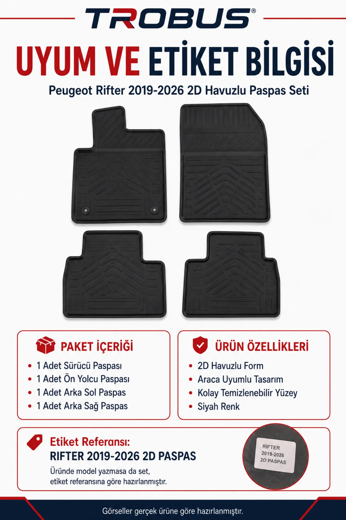 Peugeot Rifter 2019-2026 Uzun Şasi 2D Havuzlu Paspas