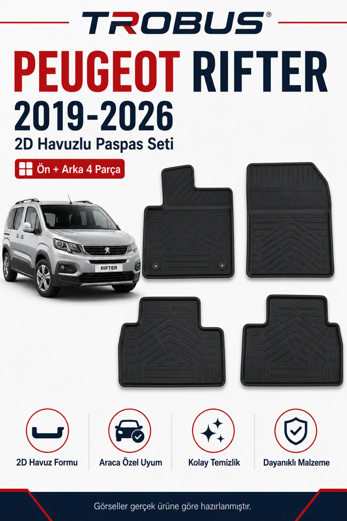 Peugeot Rifter 2019-2026 Uzun Şasi 2D Havuzlu Paspas