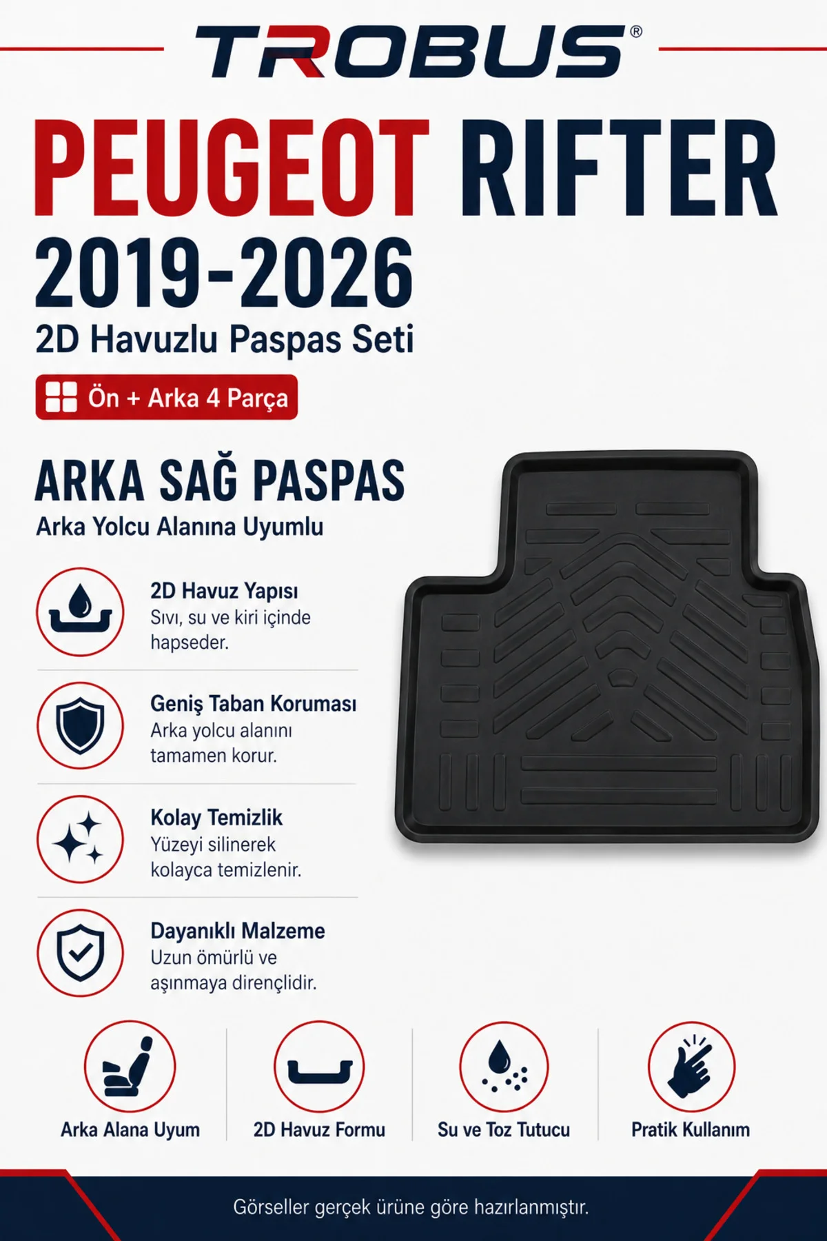 Peugeot Rifter 2019-2026 Uzun Şasi 2D Havuzlu Paspas