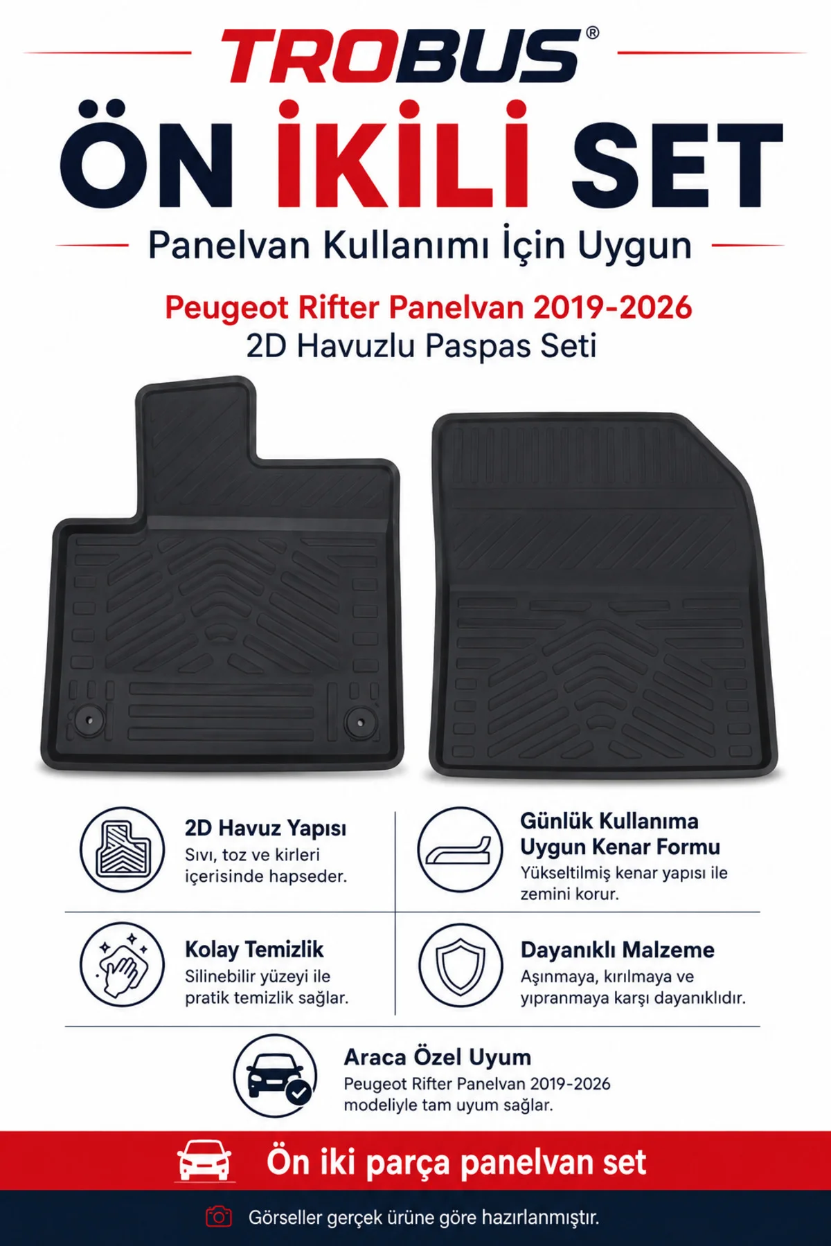 Peugeot Rifter Panelvan 2019 ve Sonrası Kısa Şasi 2D Havuzlu Paspas 2 Parça