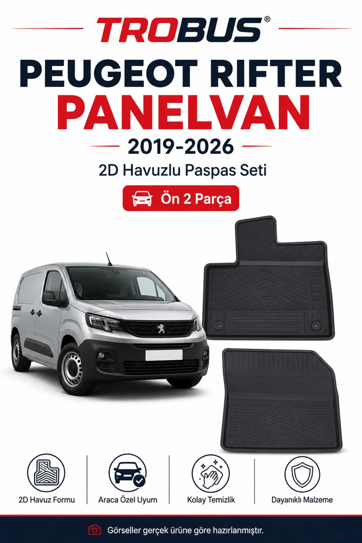 Peugeot Rifter Panelvan 2019 ve Sonrası Kısa Şasi 2D Havuzlu Paspas 2 Parça