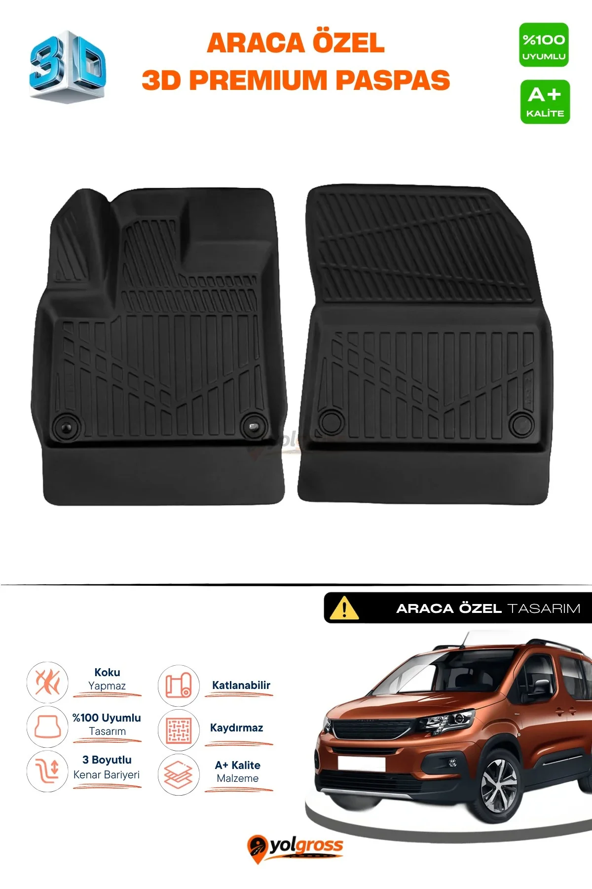 Peugeot Rifter Panelvan 3D Pro Havuzlu Paspas Ön 2'li 2019 Üzeri A+ Kalite