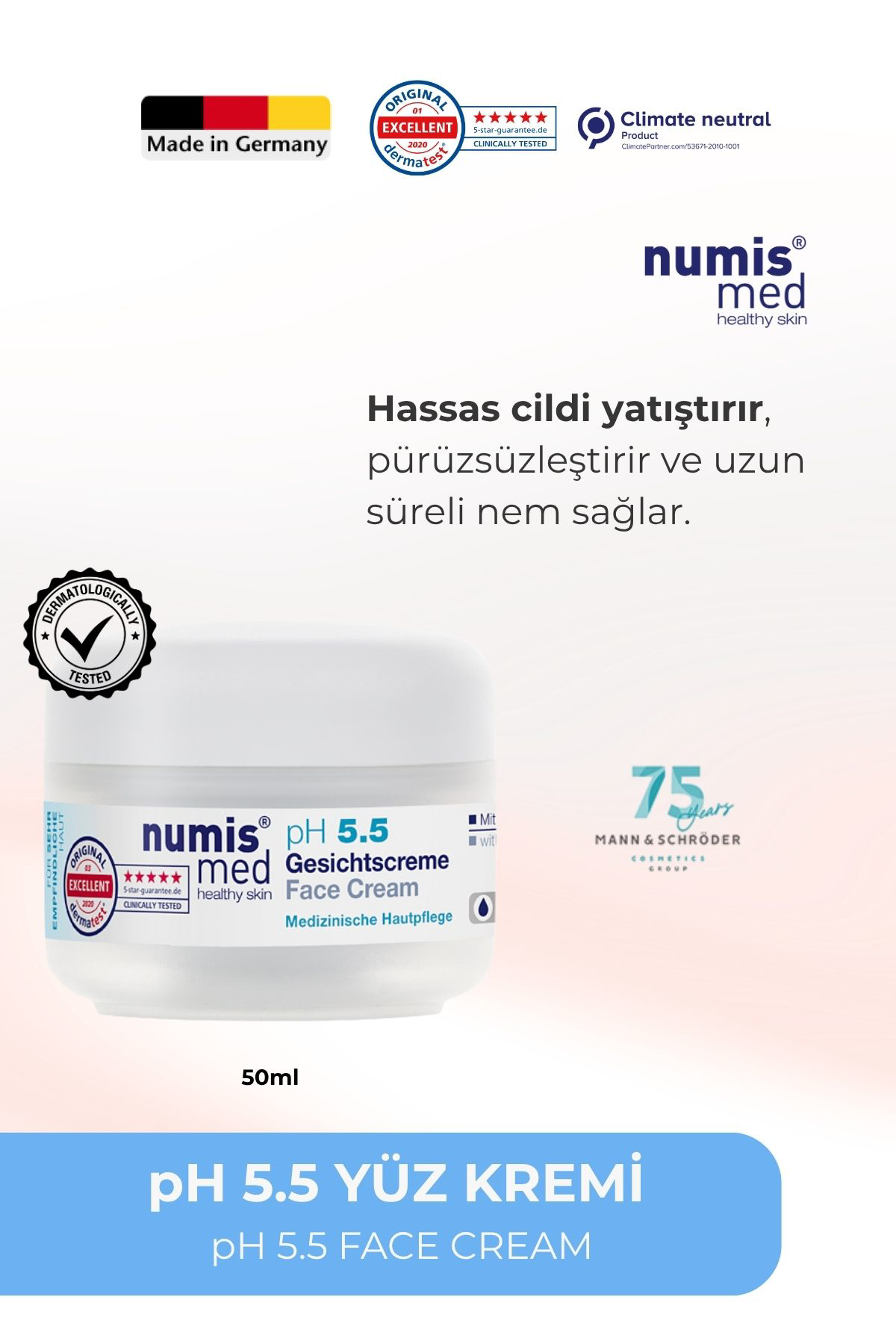 pH 5.5 Yüz Kremi 50 ml - Hassas Ciltler İçin Nemlendirici ve Yatıştırıcı Bakım