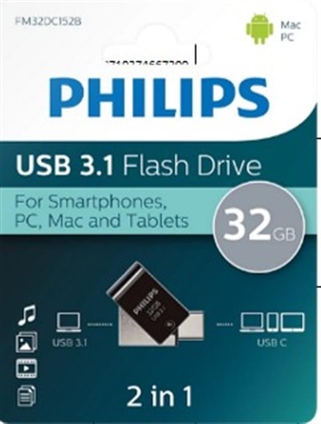 Philips FM32DC152B/00 32Gb 2 IN 1 TYPE-C/USB 3.1 Siyah Gri USB Be