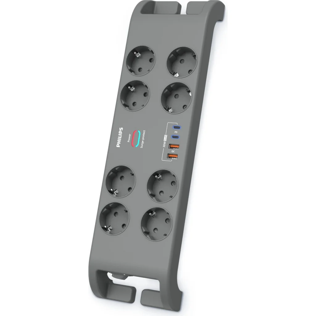 Philips SPN8180GA/62 8 Soketli Güvenlik Prizi - 2400J Aşırı Gerilim Koruması, USB-C/USB-A Hızlı Şarj, 2m Kablo (Gri)