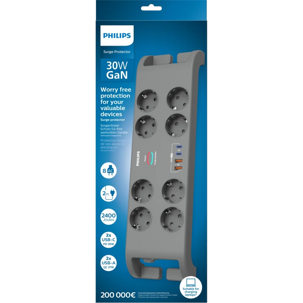 Philips SPN8180GA/62 8 Soketli Güvenlik Prizi - 2400J Aşırı Gerilim Koruması, USB-C/USB-A Hızlı Şarj, 2m Kablo (Gri)