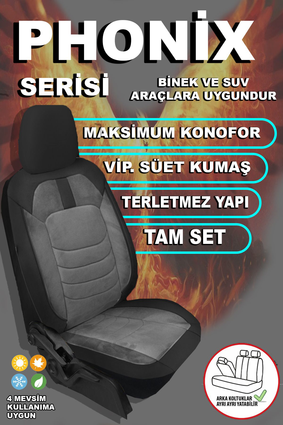 Phonix Serisi Süet , Jakar Kumaş Oto Koltuk Kılıfı Ön Arak Tam Se
