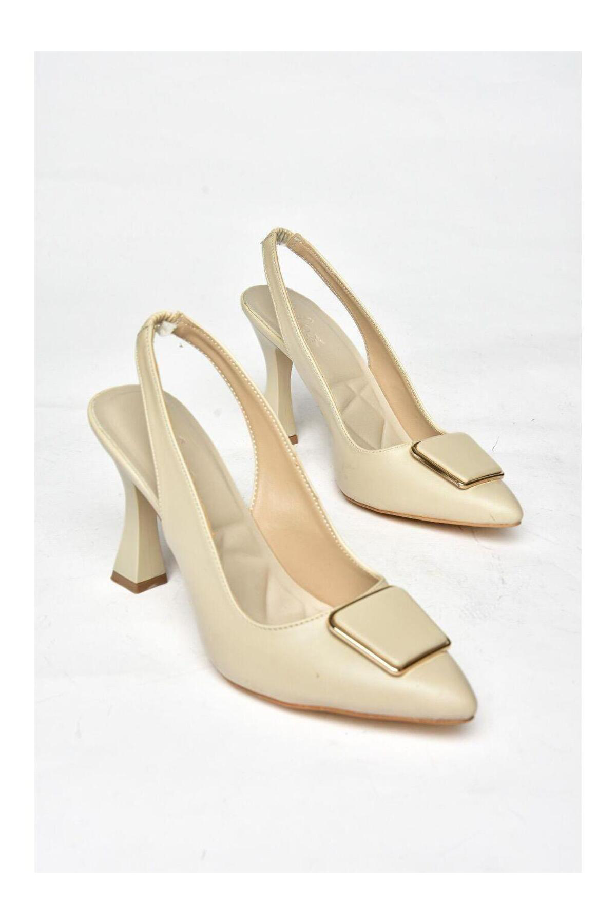 Selma Butik Pıert Bej Cilt Topuklu Ayakkabı