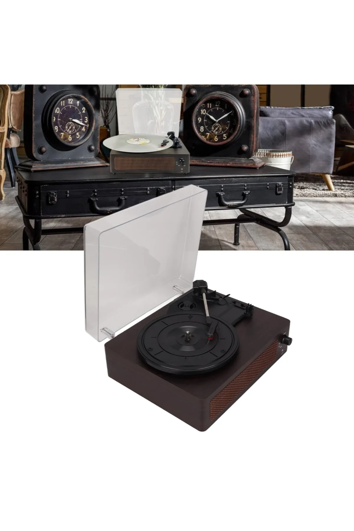 Pikap kahverengi renk 33/45/78 devir destekli 2 yıl garantili CD müzik plak çalar
