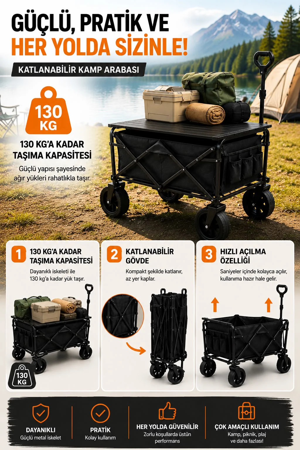 Piknik Kamp Arabası Masalı Geniş Tekerlekli Taşıma ve Yük Arabası 130 Kg Fiyatı, Yorumları ve Özellikleri