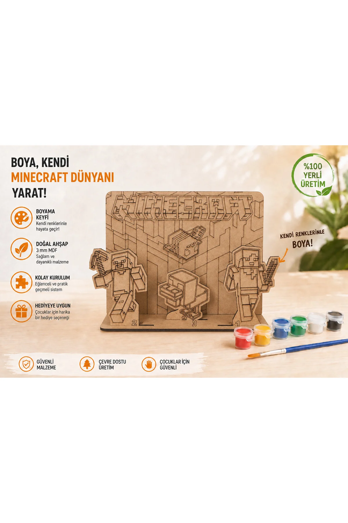 Piksel Blok Dünyası Temalı Ahşap Boyama Seti – 3D Geçmeli MDF Dekor, 6 Renk Boya ve Fırça Dahil