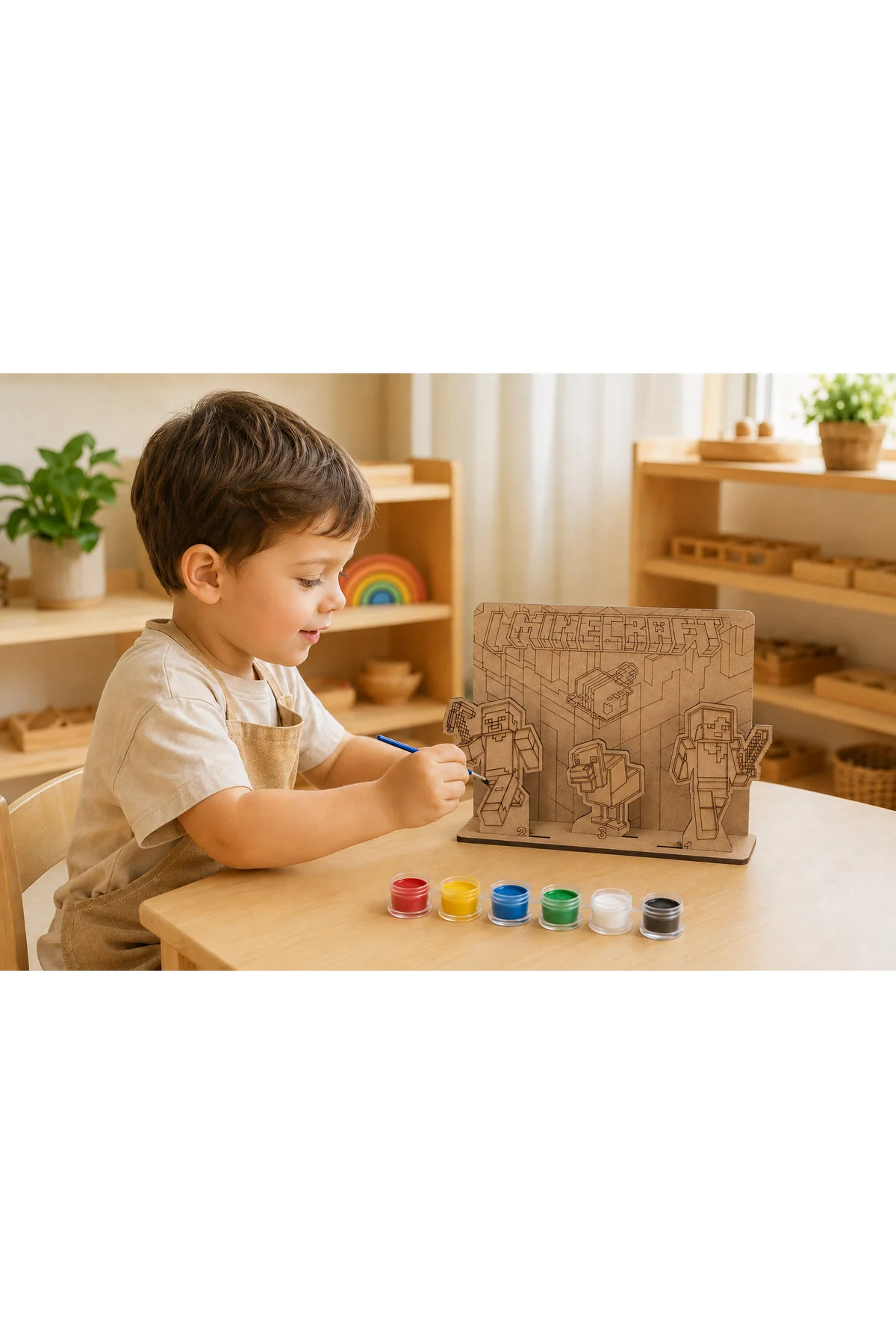 Piksel Blok Dünyası Temalı Ahşap Boyama Seti – 3D Geçmeli MDF Dekor, 6 Renk Boya ve Fırça Dahil