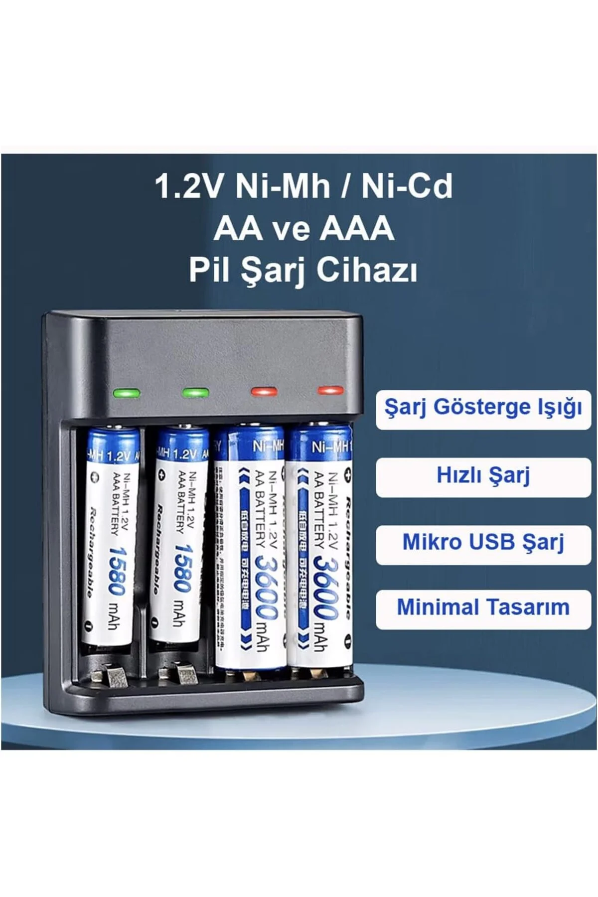 Pil Şarj Cihazı AA/AAA 4 Yuvalı LED Göstergeli, Siyah, GT-BC07 Pil Şarj Cihazı AA/AAA 4 Yuvalı LED Göstergeli, Siyah, GT-BC07 - Görsel 3