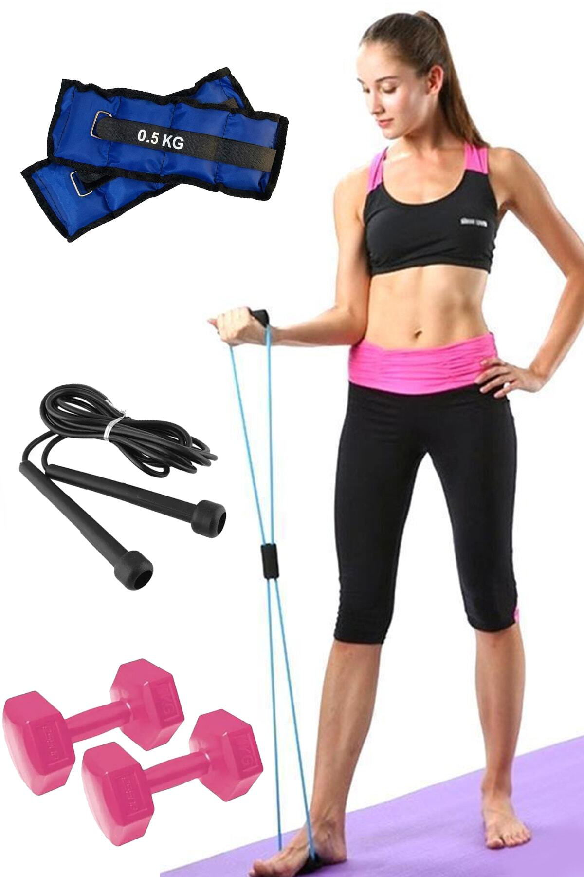 Pilates Seti Egzersiz Direnç Lastiği, 1 Kg Dambıl Seti, El Ayak A