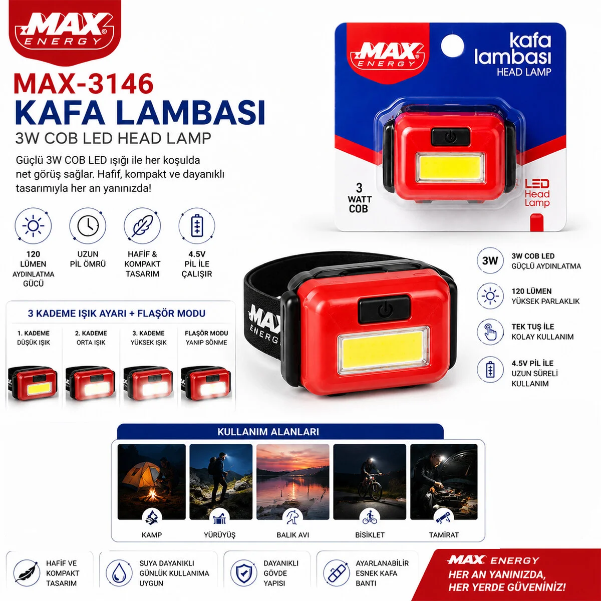 Pilli 3W Cob Led Kafa Lambası Fener 3-KADEME Işık Ayarı- Flaşör 4.5V 120LÜMEN Fiyatı, Yorumları ve Özellikleri