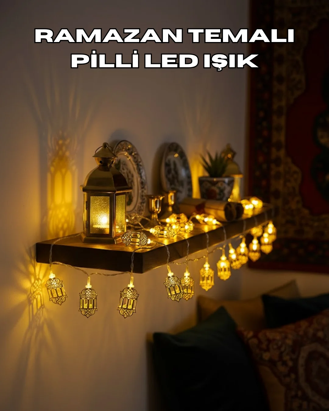 Pilli Altın Fenerli Ramazan Işıkları Dekoratif LED Zincir Pilli Altın Fenerli Ramazan Işıkları Dekoratif LED Zincir