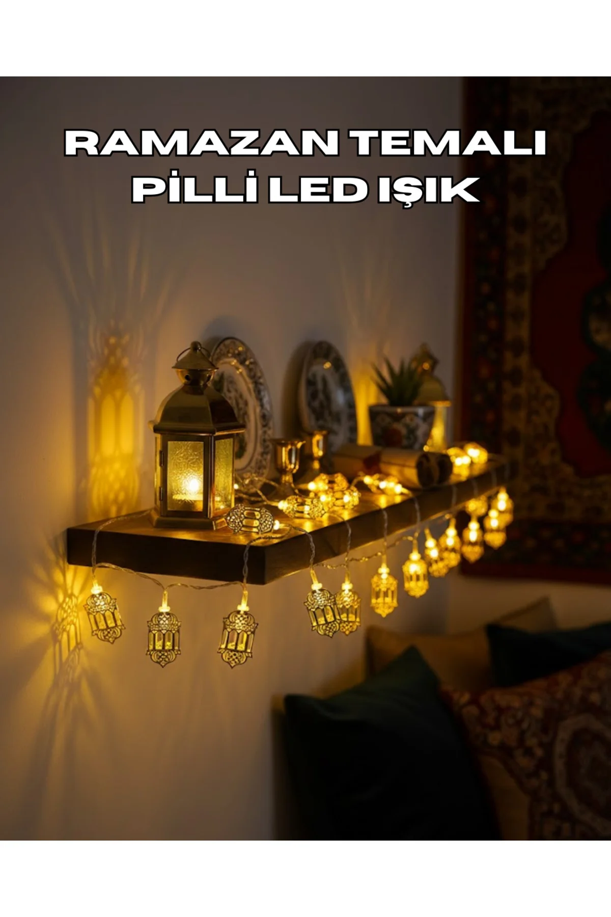 Pilli Altın Fenerli Ramazan Işıkları Dekoratif LED Zincir