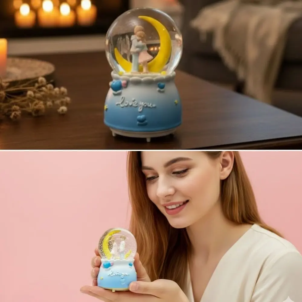 Pilli Işıklı Müzikli Kar Küresi–Hilal Ay Figürlü Romantik Masaüst Pilli Işıklı Müzikli Kar Küresi–Hilal Ay Figürlü Romantik Masaüst