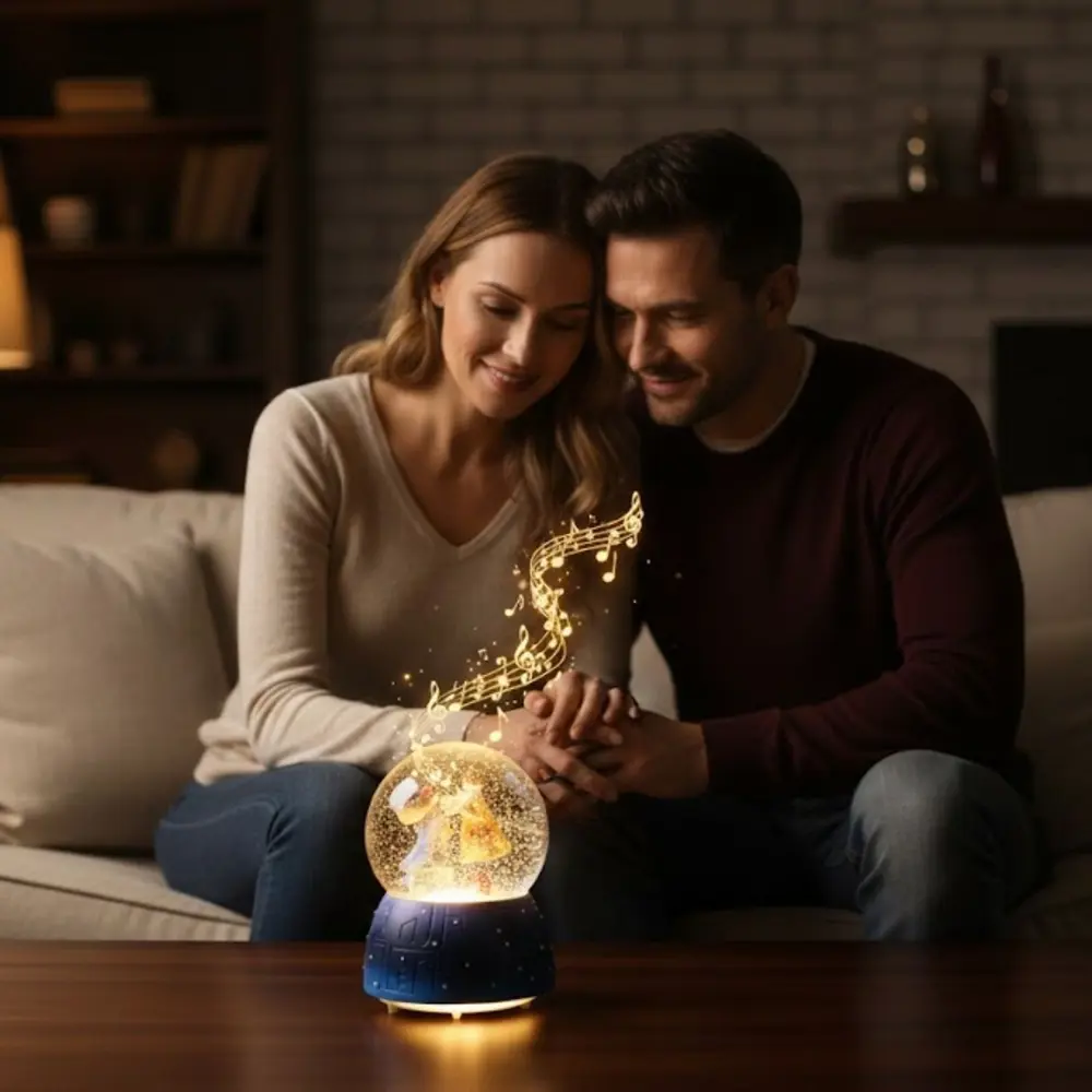 Pilli Işıklı Müzikli Kar Küresi–Valizli Sevgili Çift Figürlü Eğle