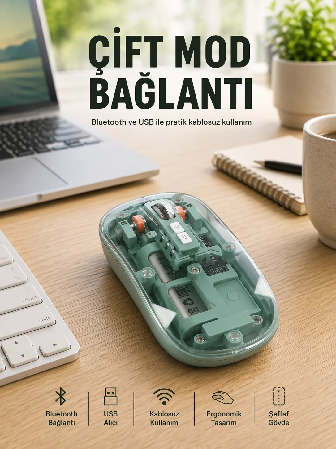 Pilli Kablosuz Mouse Bluetooth ve USB Uyumlu Sessiz Tıklama Yeni Nesil