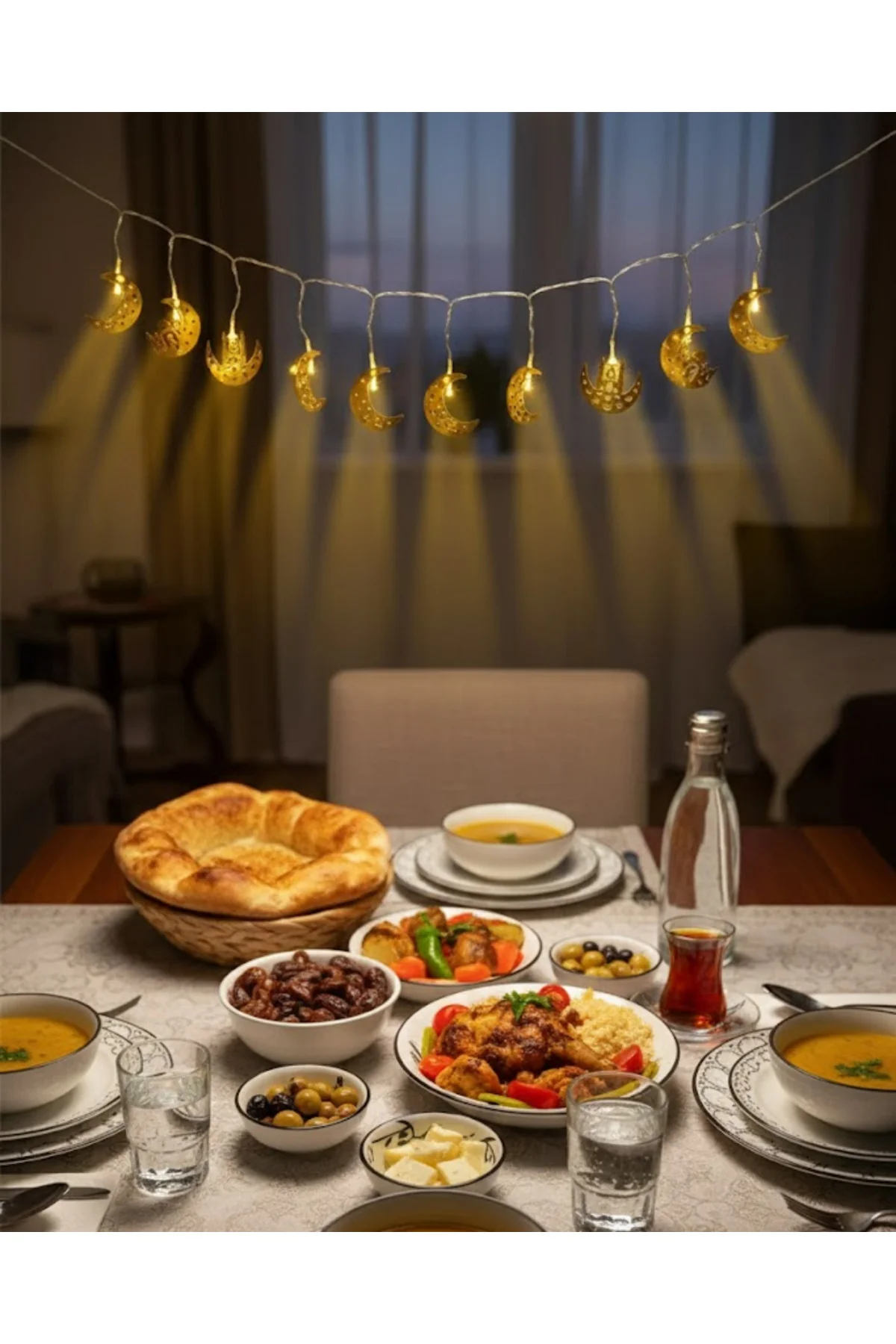 Pilli Minareli Hilal Led Işık Gold Metal Ramazan Dekorasyonu