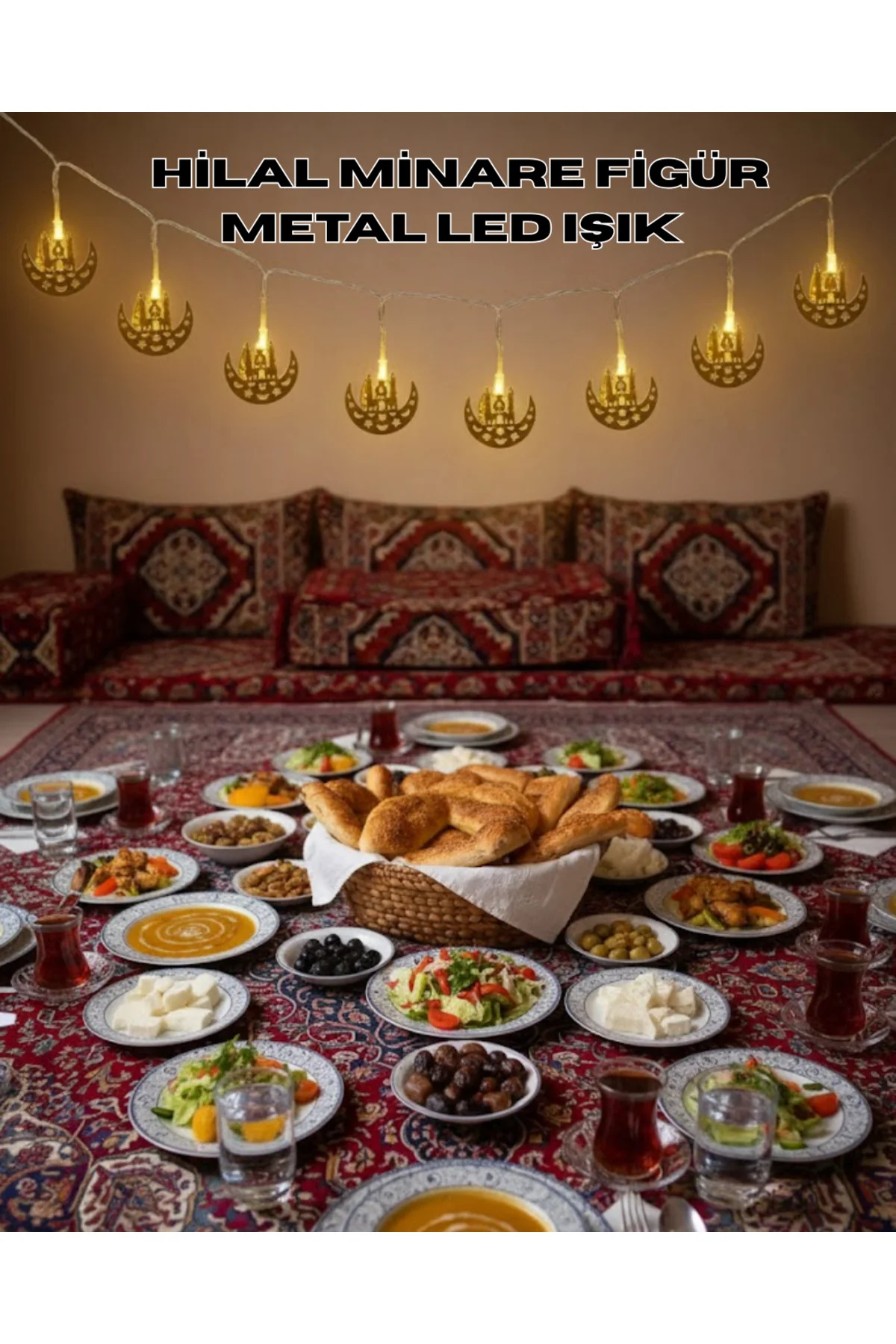 Pilli Minareli Hilal Led Işık Gold Metal Ramazan Dekorasyonu