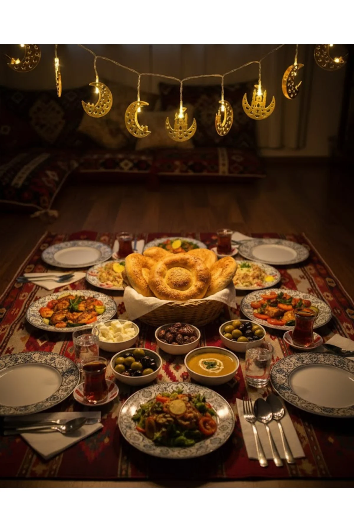 Pilli Minareli Hilal Led Işık Gold Metal Ramazan Dekorasyonu