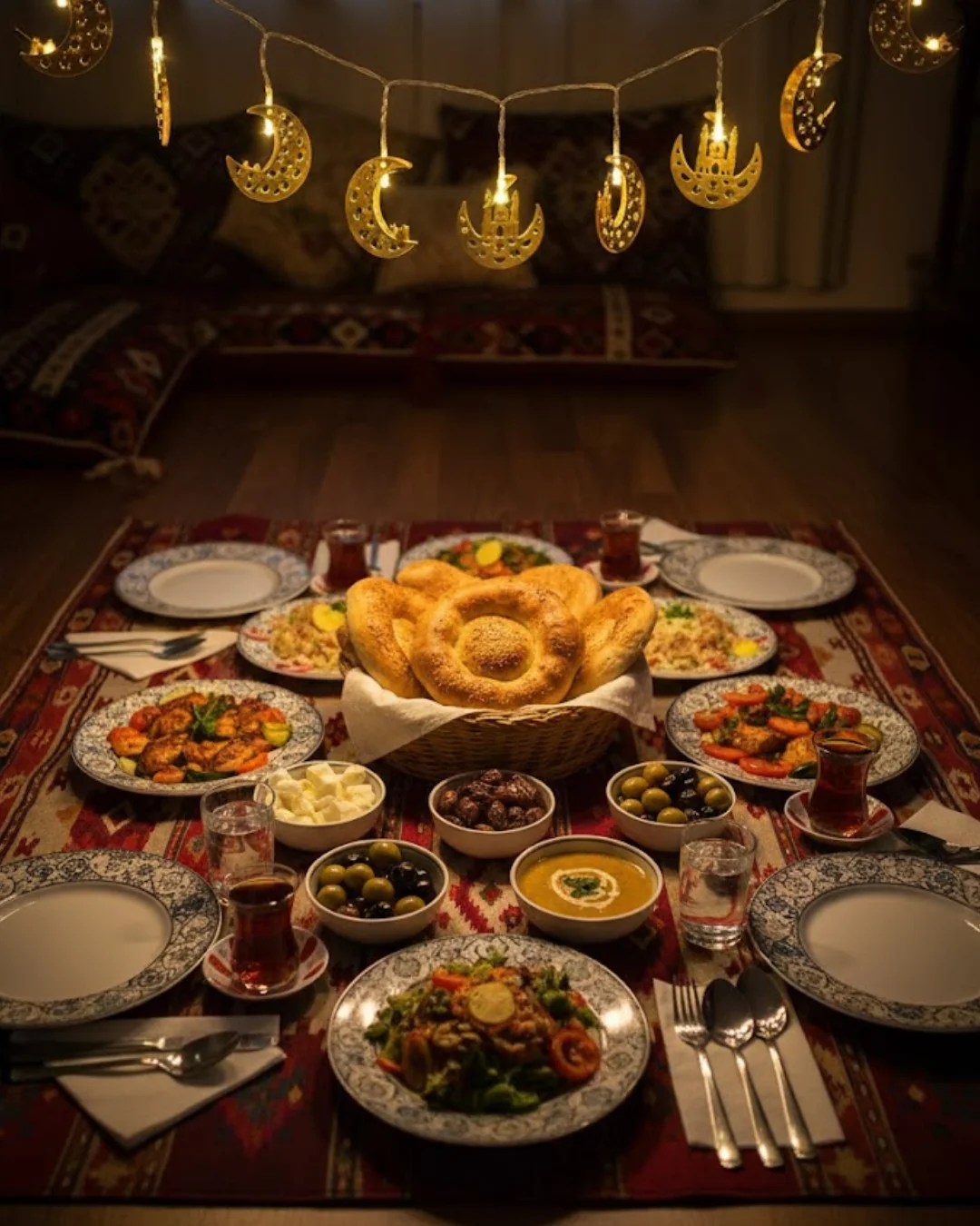 Pilli Minareli Hilal LED Işık Gold Metal Ramazan Dekorasyonu